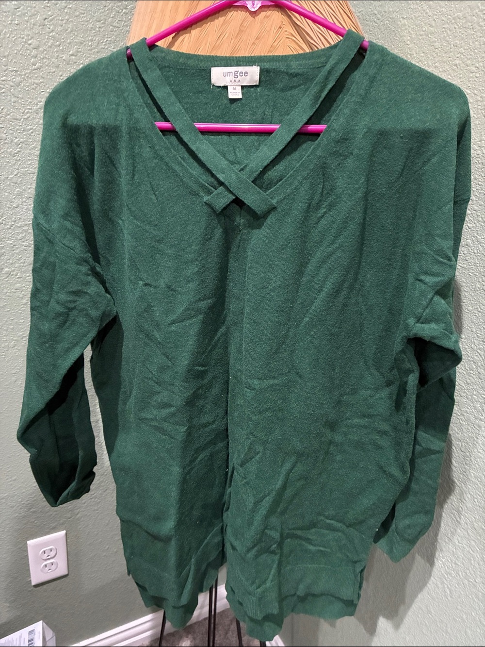 Umgee Green Crisscross V-Neck Pullover Sweater